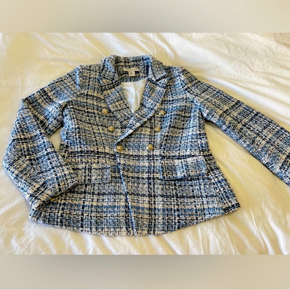 Rachel Zoe | Tweed Blazer Jacket Size Medium Double Breasted Blue White